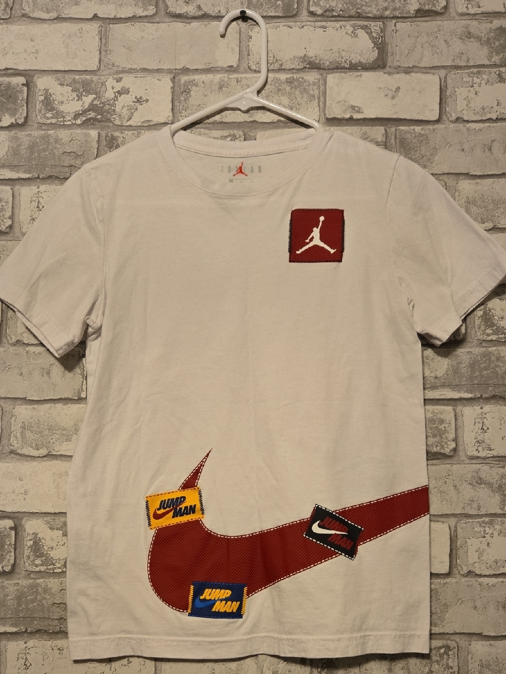 Jordan Nike Jumpman White Tee with Red Swoosh and Yellow Accents